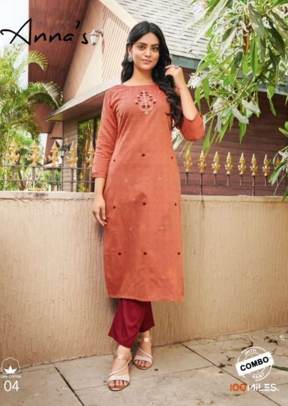 100 MILES PRESENTS ANNAS COTTON EMBROIDERY WHOLESALE KURTI WITH PANTS COLLECTION