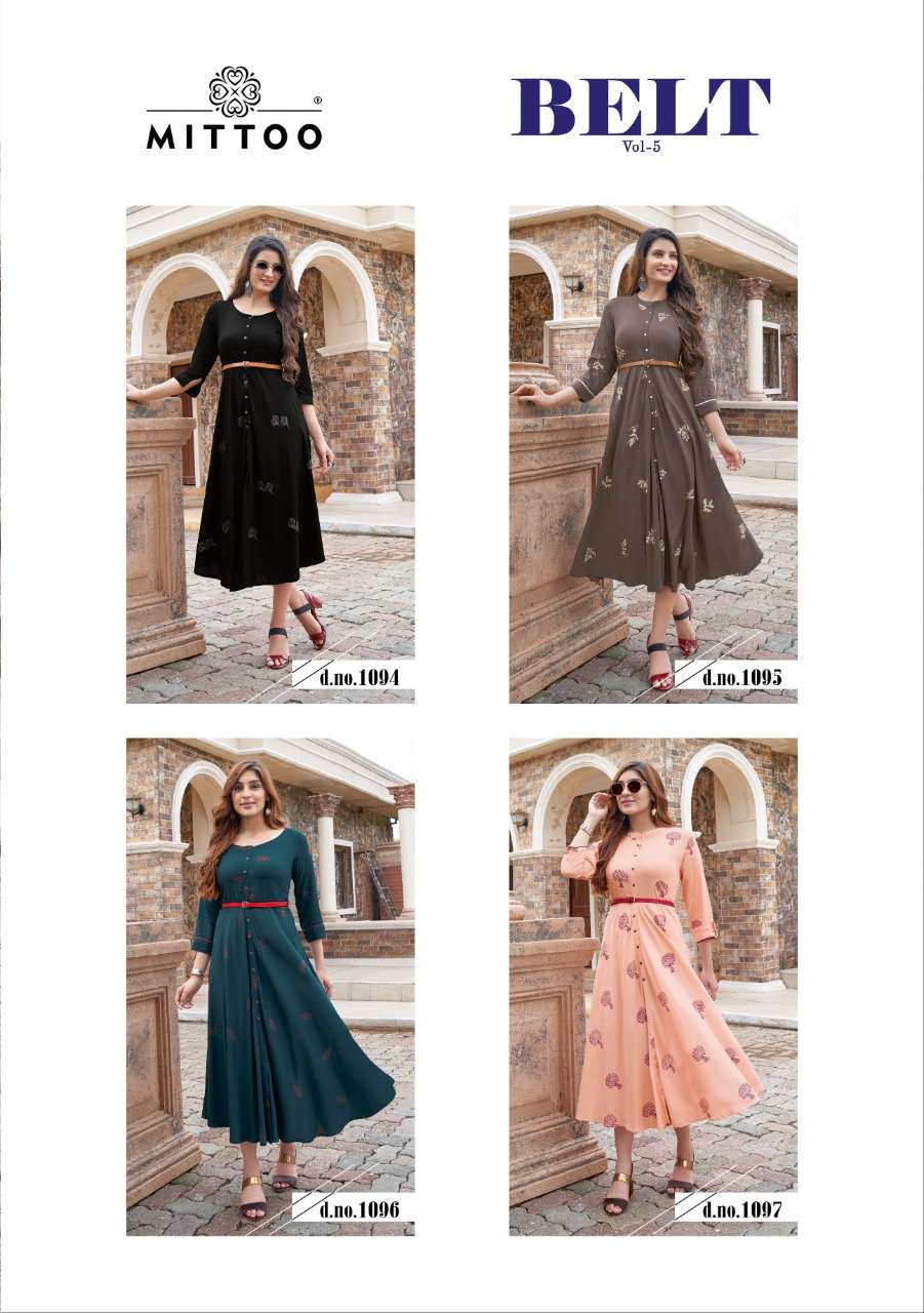 MITTOO PRESENTS BELT 5 SILK EMBROIDERY LONG WHOLESALE KURTI COLLECTION