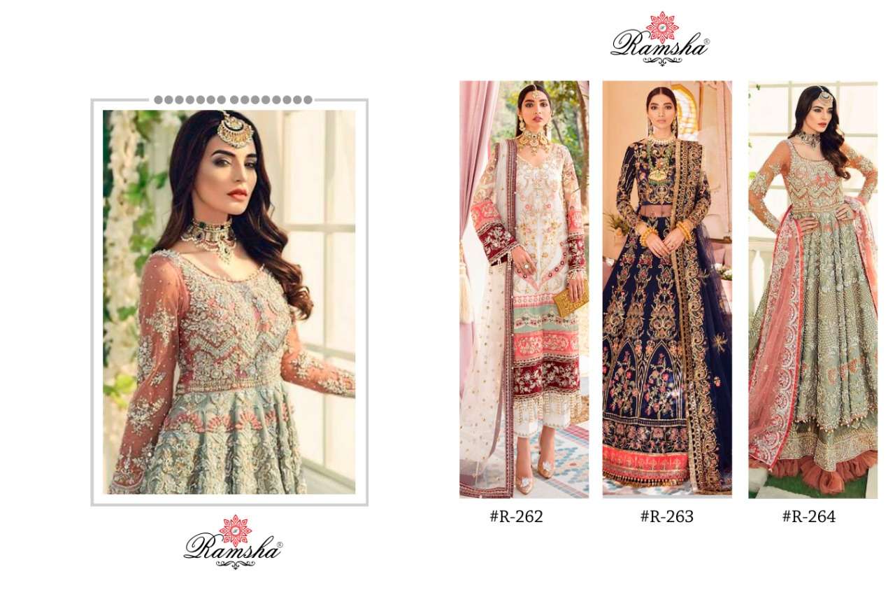 RAMSHA PRESENTS R 262 TO 264 NET EMBROIDERY PAKISTANI SUITS
