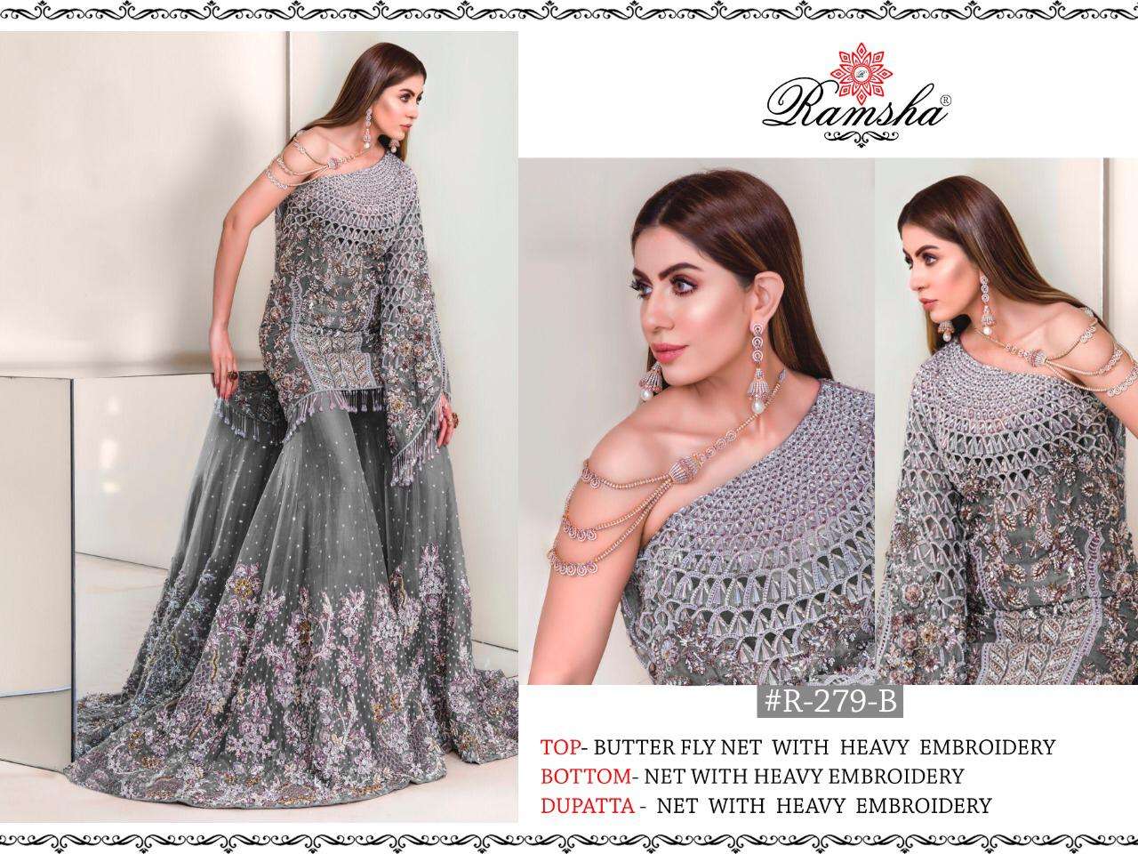 RAMSHA PRESENTS R 279 NX BUTTER FLY NET WITH EMBROIDERY PAKISTANI SUITS
