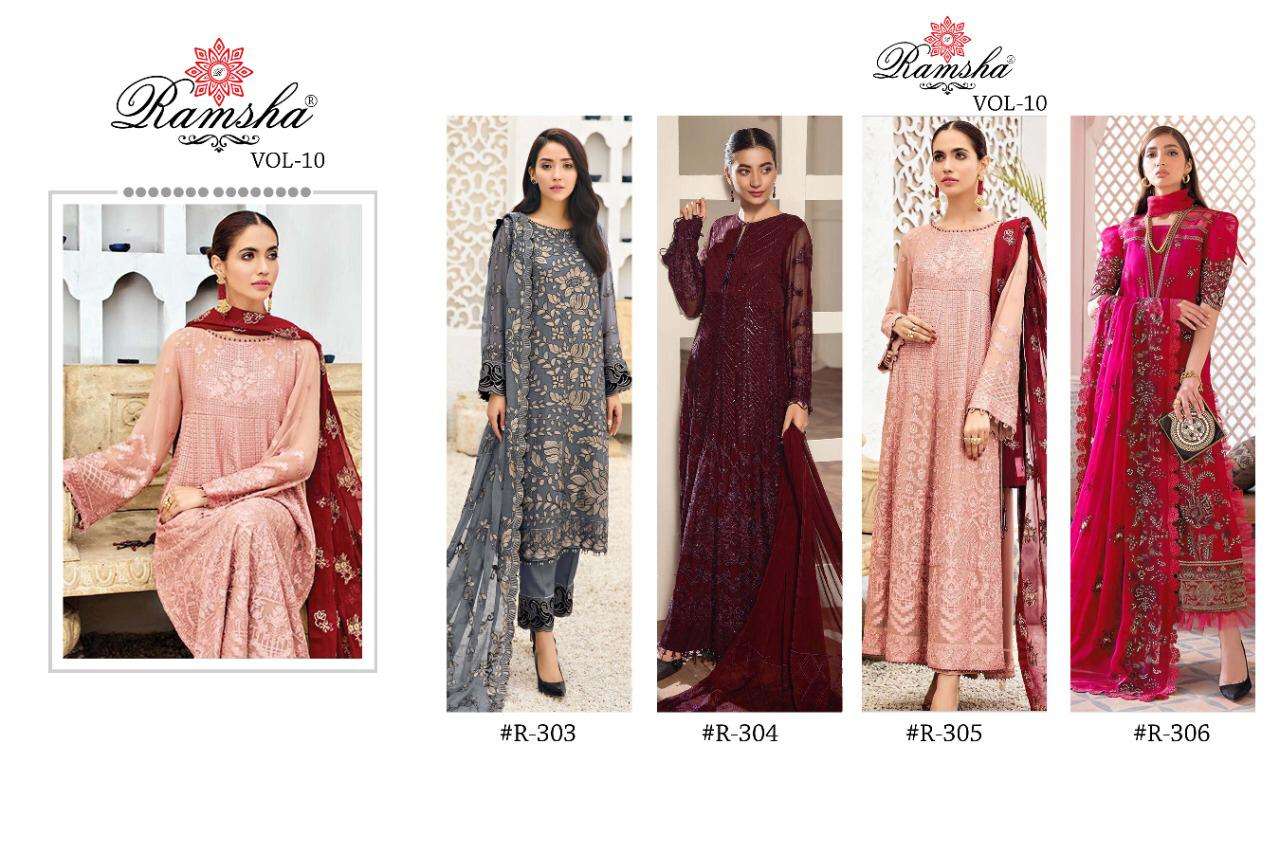 RAMSHA PRESENTS RAMSHA VOL 10 FOX GEORGETTE WITH HEAVY EMBROIDERY PAKISTANI SUITS