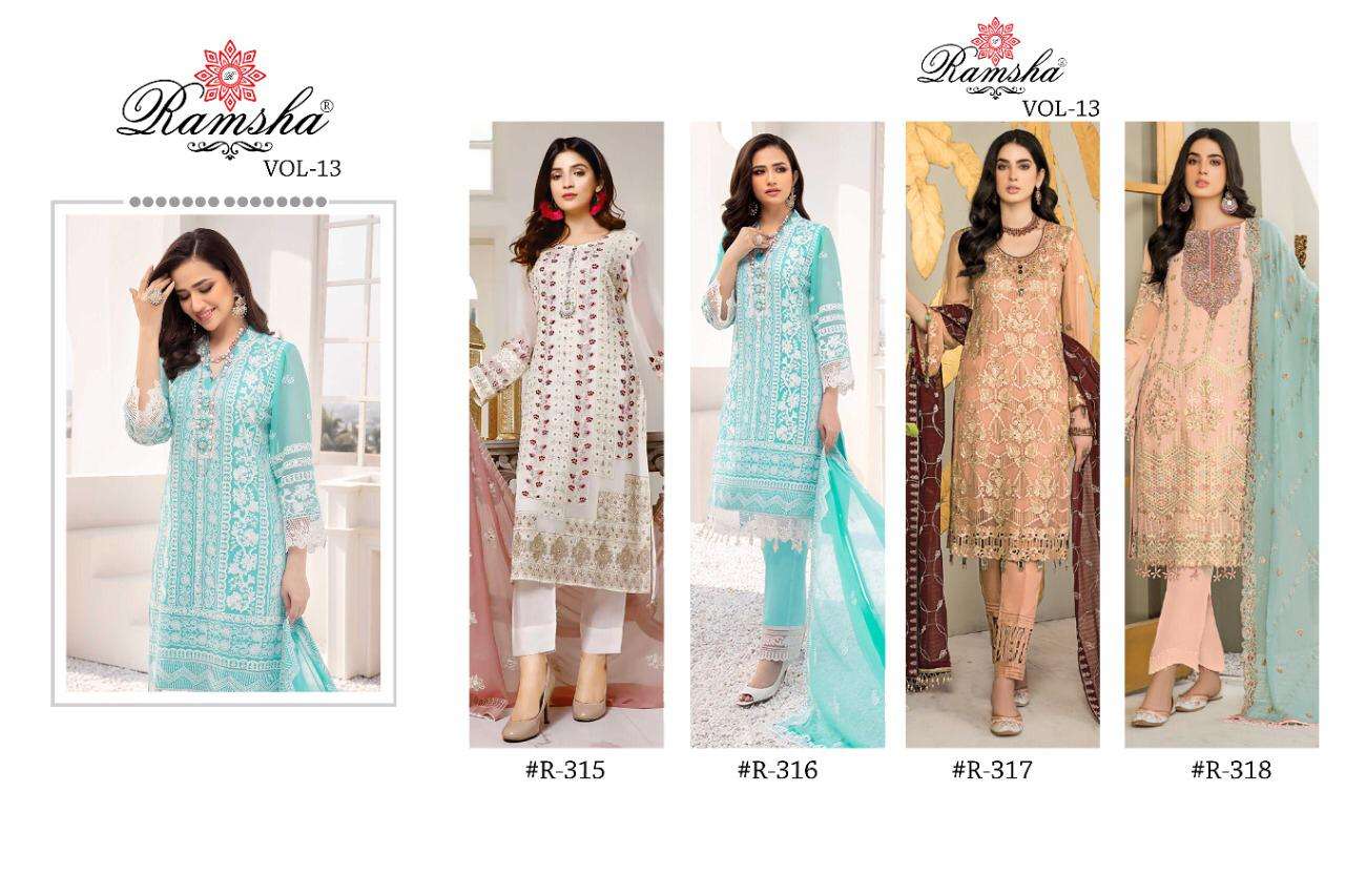 RAMSHA PRESENTS RAMSHA VOL 13 FOX GEORGETTE WITH HEAVY EMBROIDERY PAKISTANI SUITS