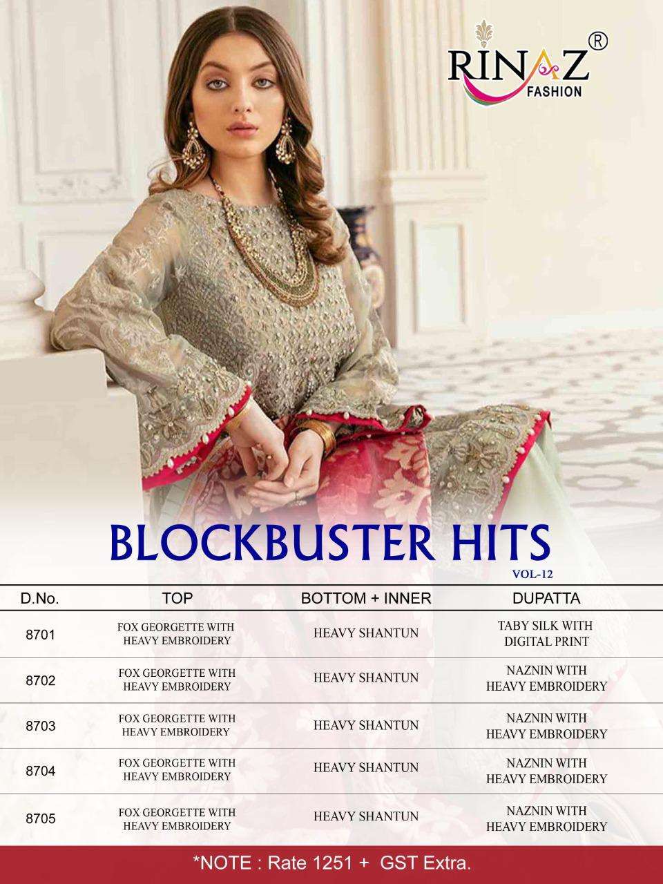 RINAZ FASHION PRESENTS BLOCK BUSTER HITS VOL 12 HEAVY GEORGETTE EMBROIDERY WHOLESALE PAKISTANI SUITS
