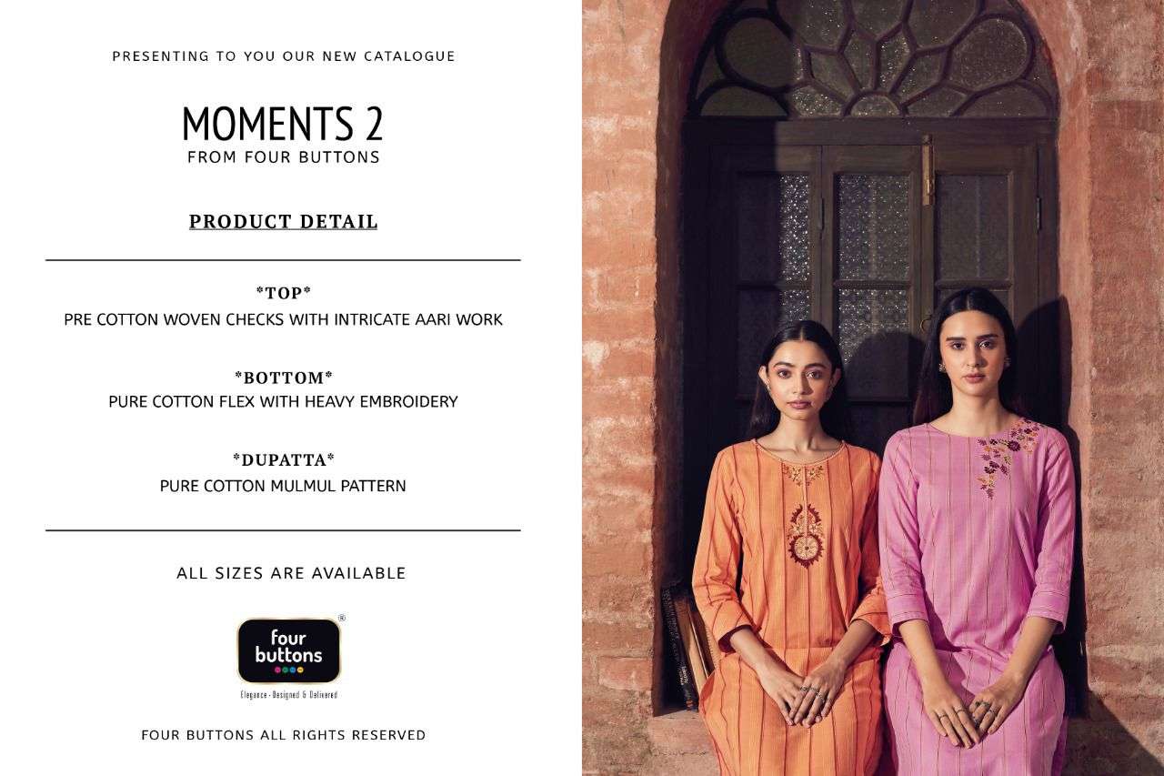 FOUR BUTTONS PRESENTS MOMENTS VOL 2 PURE COTTON WOVEN AARI WHOLESALE KURTI WITH BOTTOM