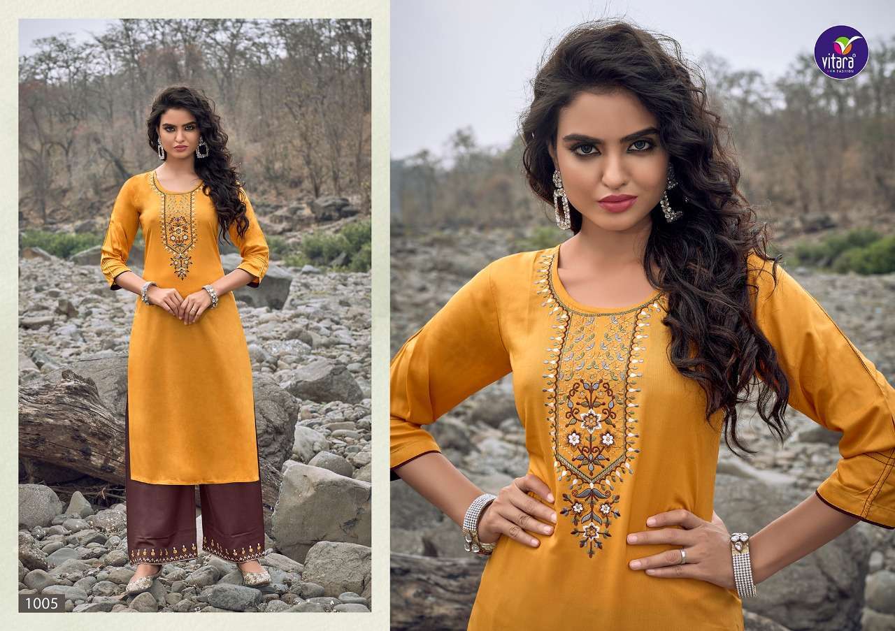 VITARA FASHION PRESENTS FLORENCE RAYON EMBROIDERY WHOLESALE KURTI WITH BOTTOM