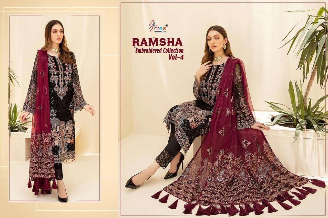 SHREE FABS PRESENTS RAMSHA EMBROIDERY COLLECTION VOL 4 WHOLESALE PAKISTANI SUITS