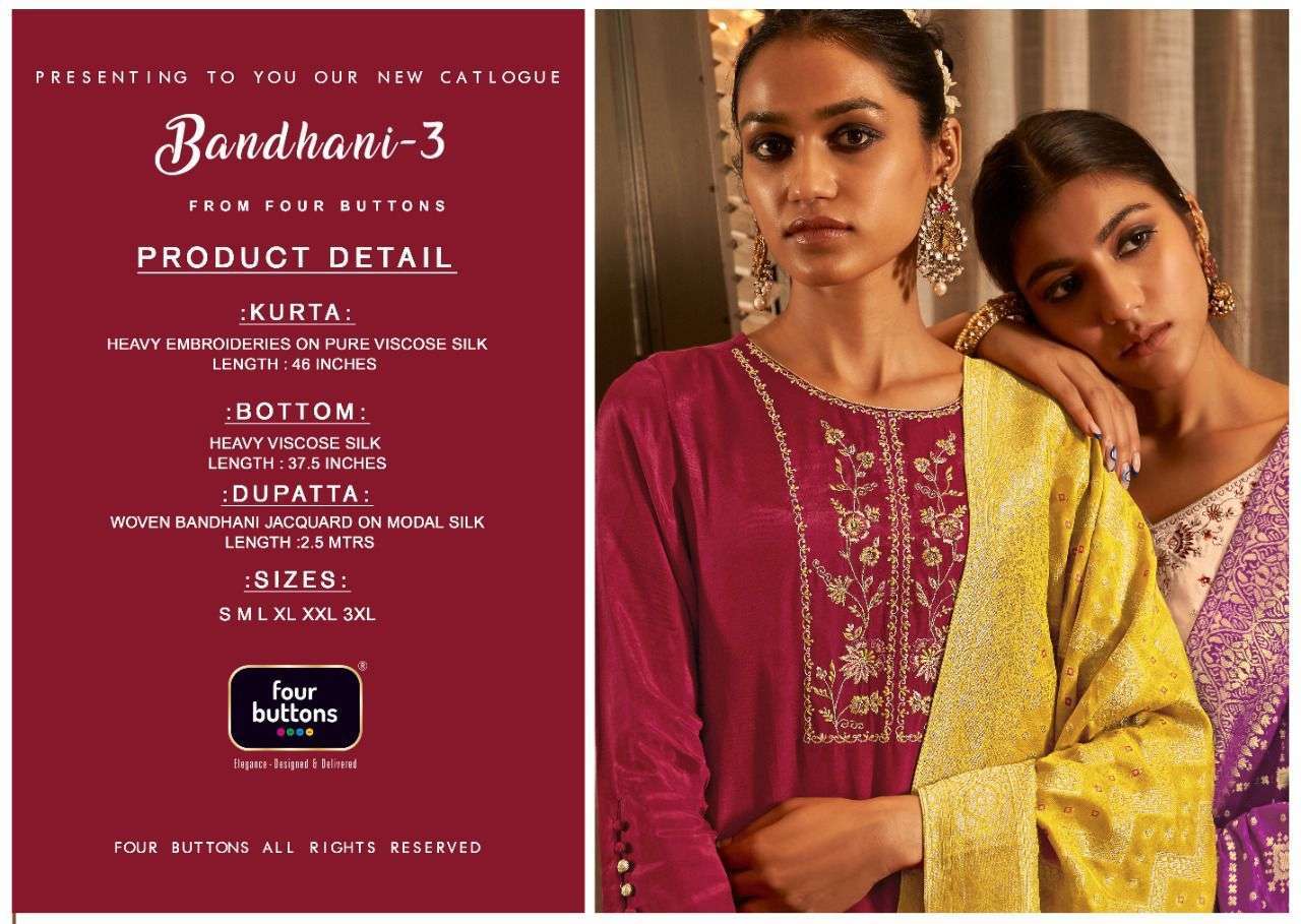 FOUR BUTTONS PRESENTS BANDHNI VOL 3 VISCOSE SILK EMBROIDERY WHOLESALE READYMADE COLLECTION