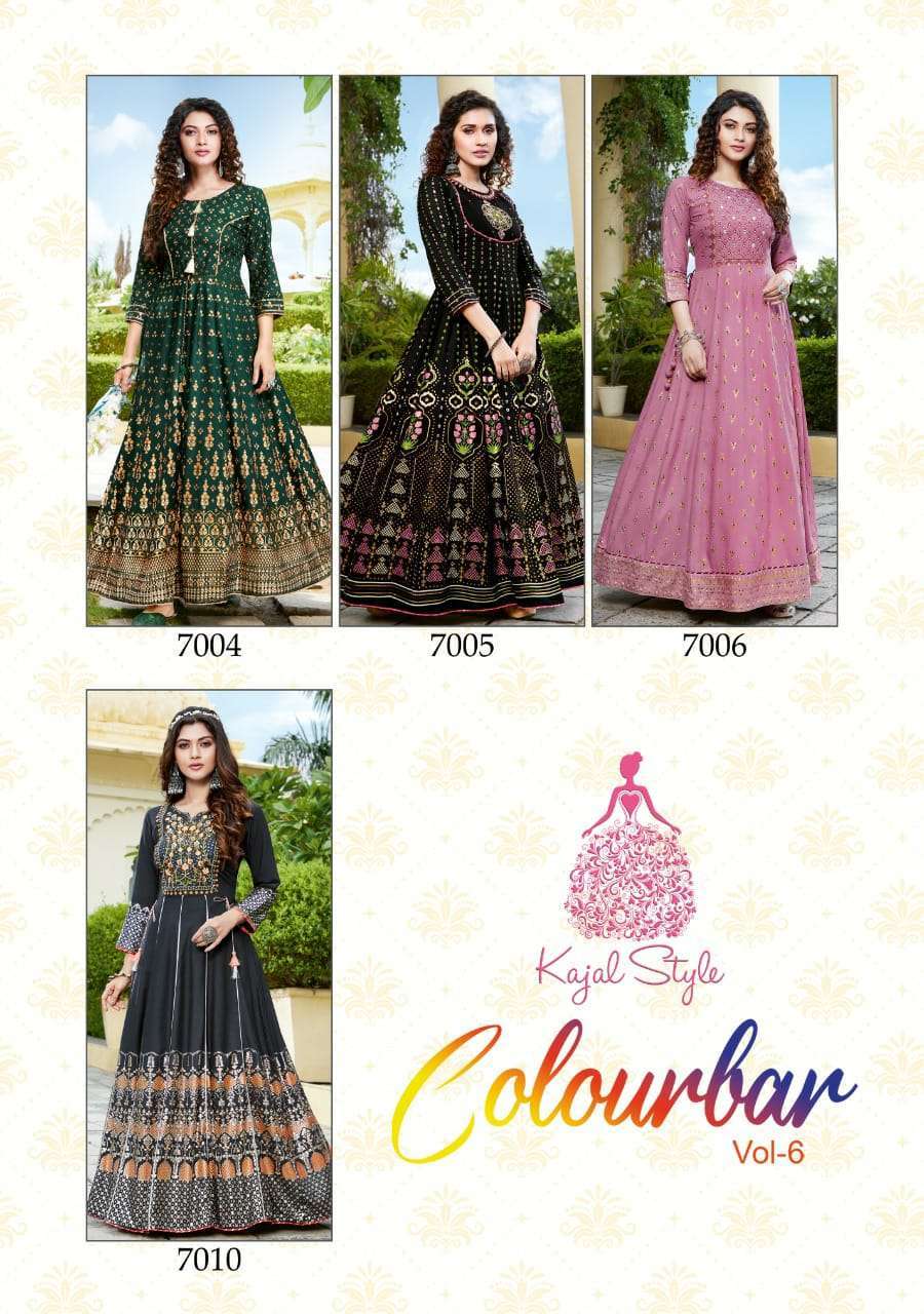 KAJAL STYLE PRESENTS FASHION COLORBAR VOL 6 RAYON FANCY EMBROIDERY LONG WHOLESALE GOWN