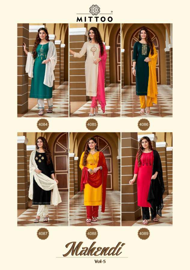 MITTOO PRESENTS MAHENDI VOL 5 HEAVY RAYON EMBROIDERY COTTON LYCRA WHOLESALE READYMADE COLLECTION