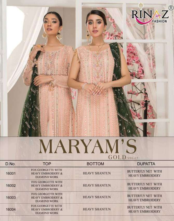 RINAAZ FASHION PRESENTS MARYAM GOLD VOL 15 GEORGETTE WITH EMBROIDERY WHOLESALE PAKISTANI SUITS
