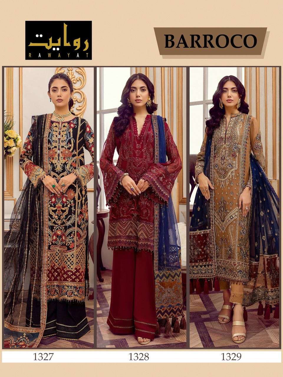 RAWAYAT PRESENTS BARROCO FOX GEORGETTE WITH EMBROIDERY WHOLESALE PAKISTANI SUITS