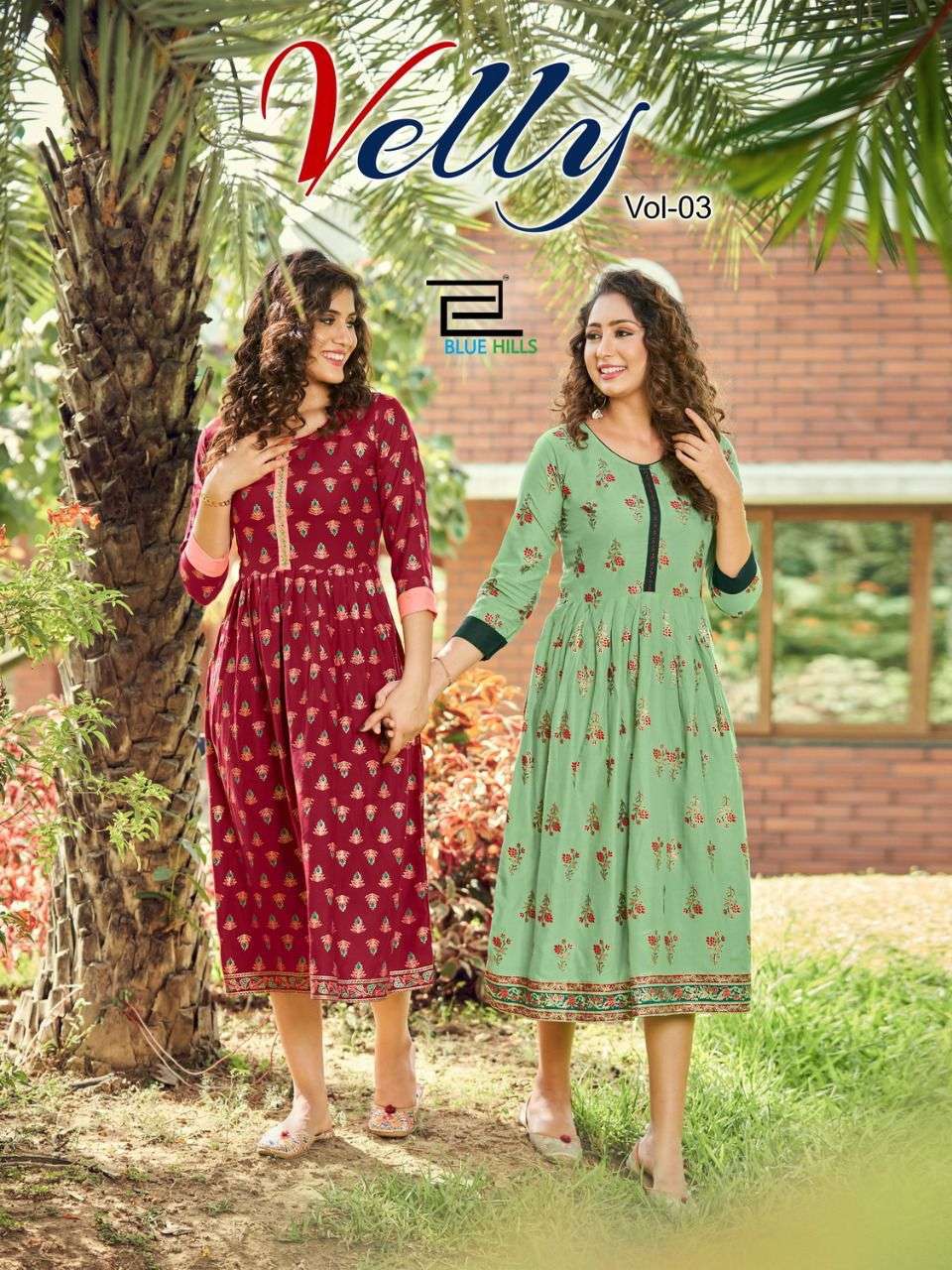 BLUE HILLS PRESENTS VELLY 3 HEAVY RAYON PRINTED FROCK STYLE WHOLESALE KURTI