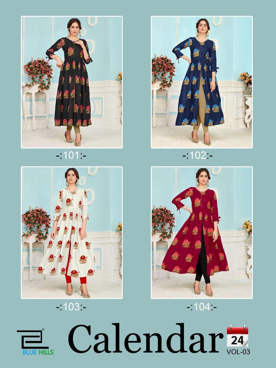 BLUE HILLS PRESENTS CALENDAR VOL 3 HEAVY RAYON LONG DESIGNER WHOLESALE KURTI COLLECTION