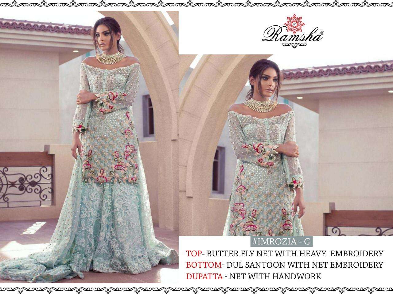 RAMSHA PRESENTS IMROZIA NX BUTTER FLY NET WITH HEAVY EMBROIDERY DESIGNER PAKISTANI SUITS