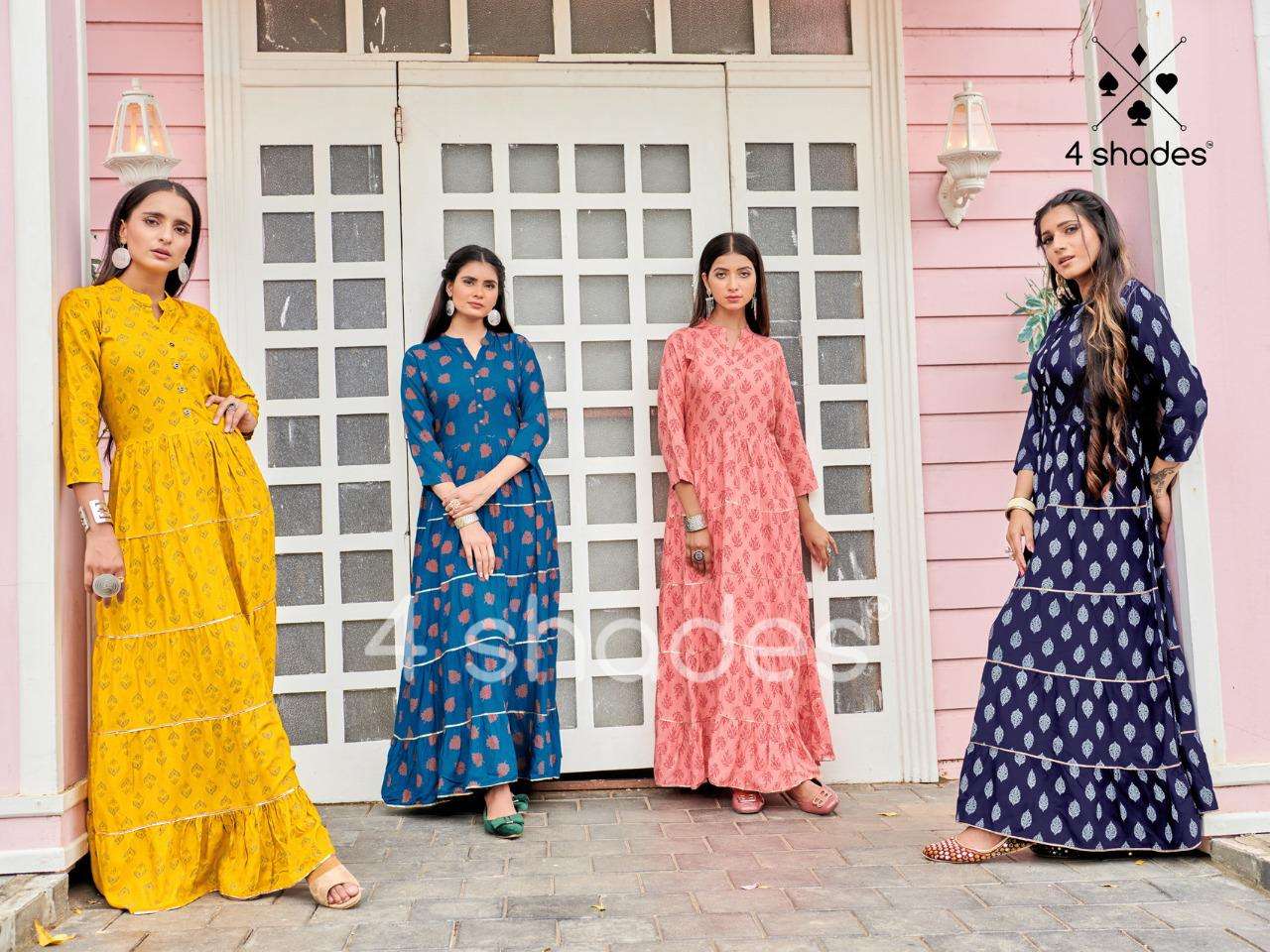 BLUE HILLS PRESENTS 4 SHADES SUNDARI 1 RAYON PRINTED GOWN STYLE WHOLESALE KURTI