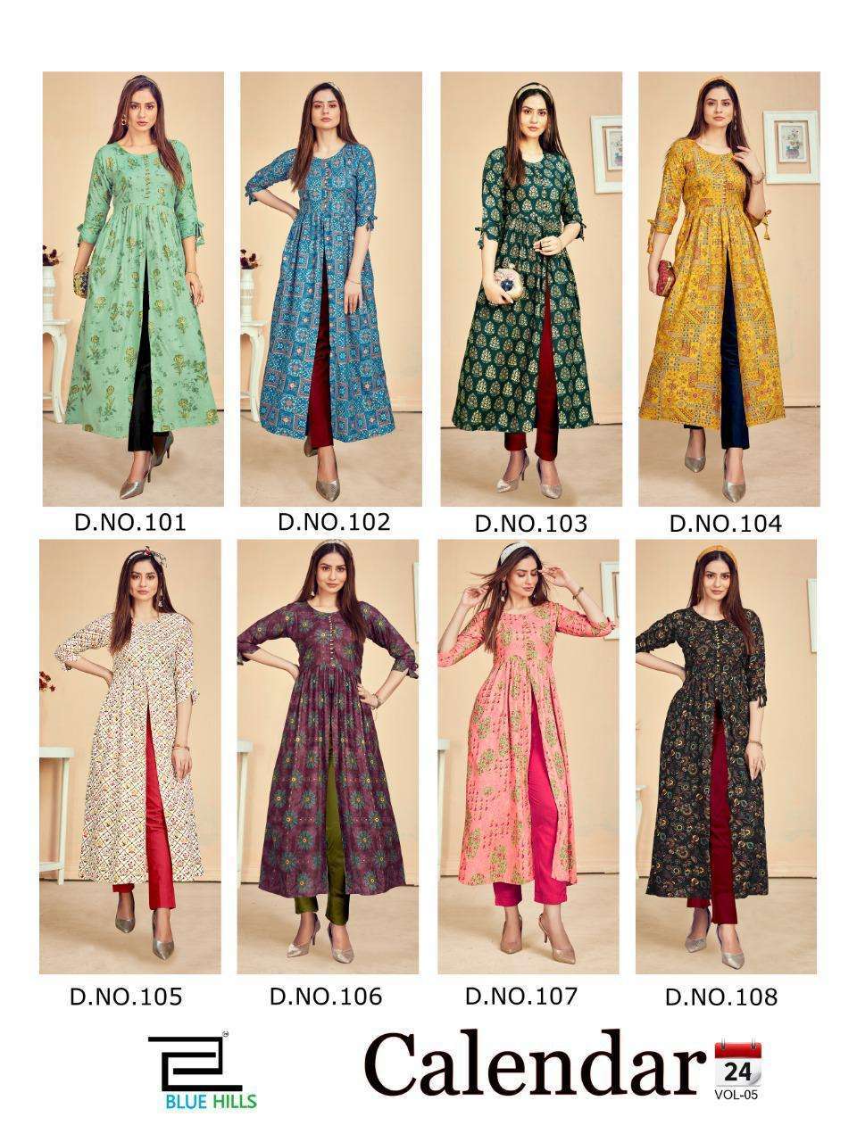 BLUE HILLS PRESENTS CALENDAR VOL 5 HEAVY RAYON FOIL PRINT WHOLESALE KURTI