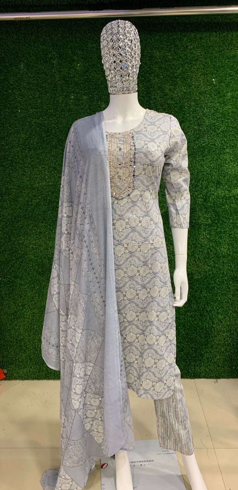 BEMITEX PRESENT GREY PURE 60-60 COTTON FABRIC BASED EMBROIDERY WITH MIRROR WORK 3 PIECE READYMADE SUIT COMBO COLLECTION WHOLESALE SHOP IN SURAT