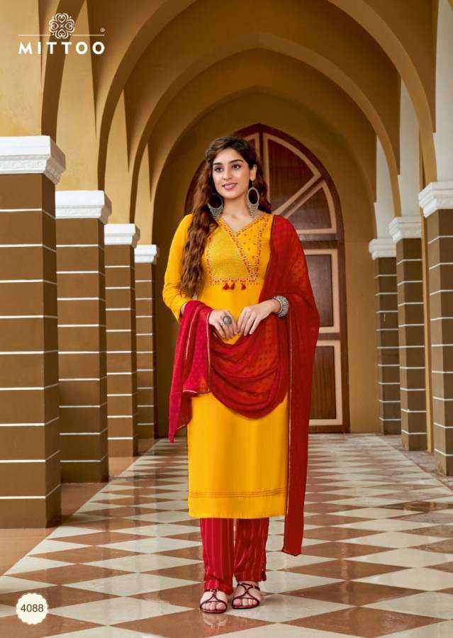 MITTOO PRESENTS MAHENDI VOL 5 HEAVY RAYON EMBROIDERY COTTON LYCRA WHOLESALE READYMADE COLLECTION