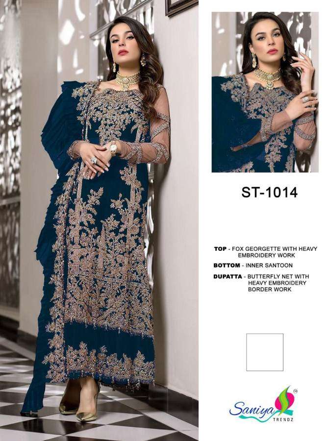 SANIYA TRENDZ PRESENTS ST 1014 GEORGETTE WITH HEAVY EMBROIDERY WHOLESALE PAKISTANI SUITS