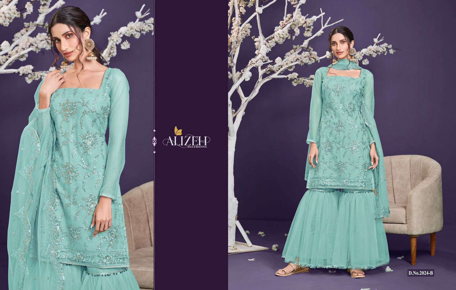 ALIZEH PRESENTS MURAD VOL 5 BUTTERFLY NET EMBROIDERY WHOLESALE SHARARA COLLECTION