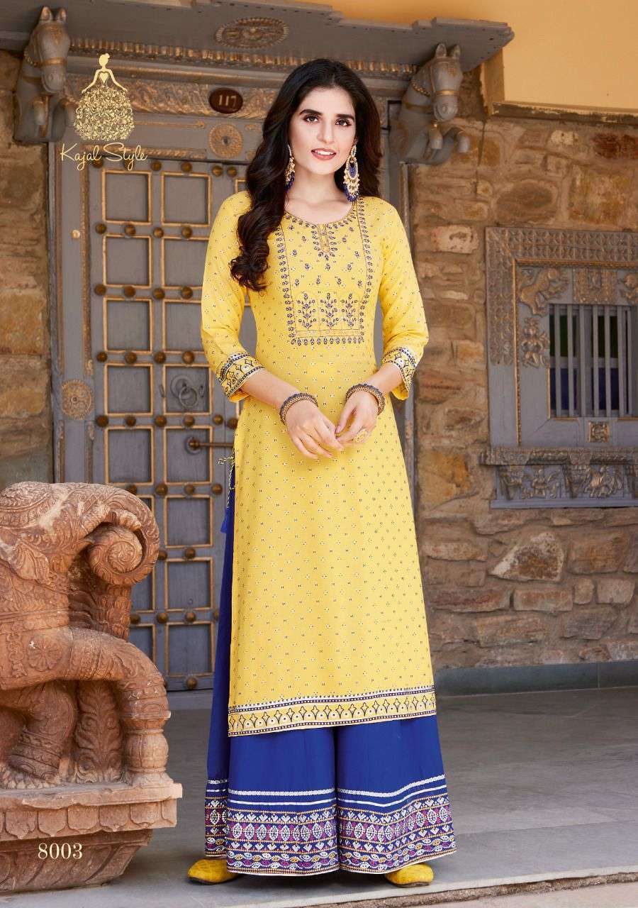 KAJAL STYLE PRESENTS LABLE VOL 8 RAYON WITH HEAVY WORK WHOLESALE KURTI WITH SHARARA