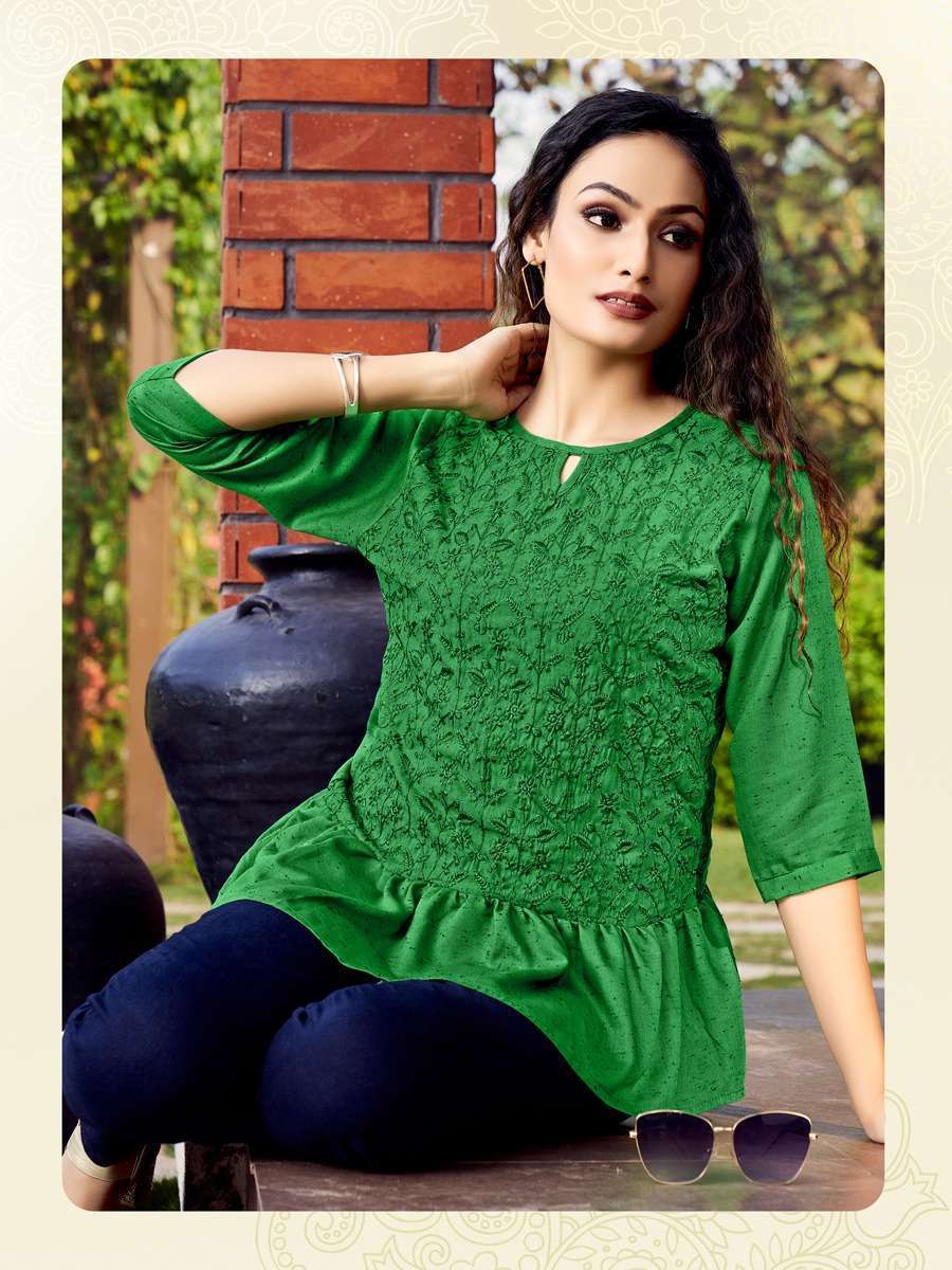 ART RIDDHS PRESENTS SHRUSTI VOL 4 RAYON LAKHNOWI EMBROIDERY WHOLESALE WESTERN TOPS