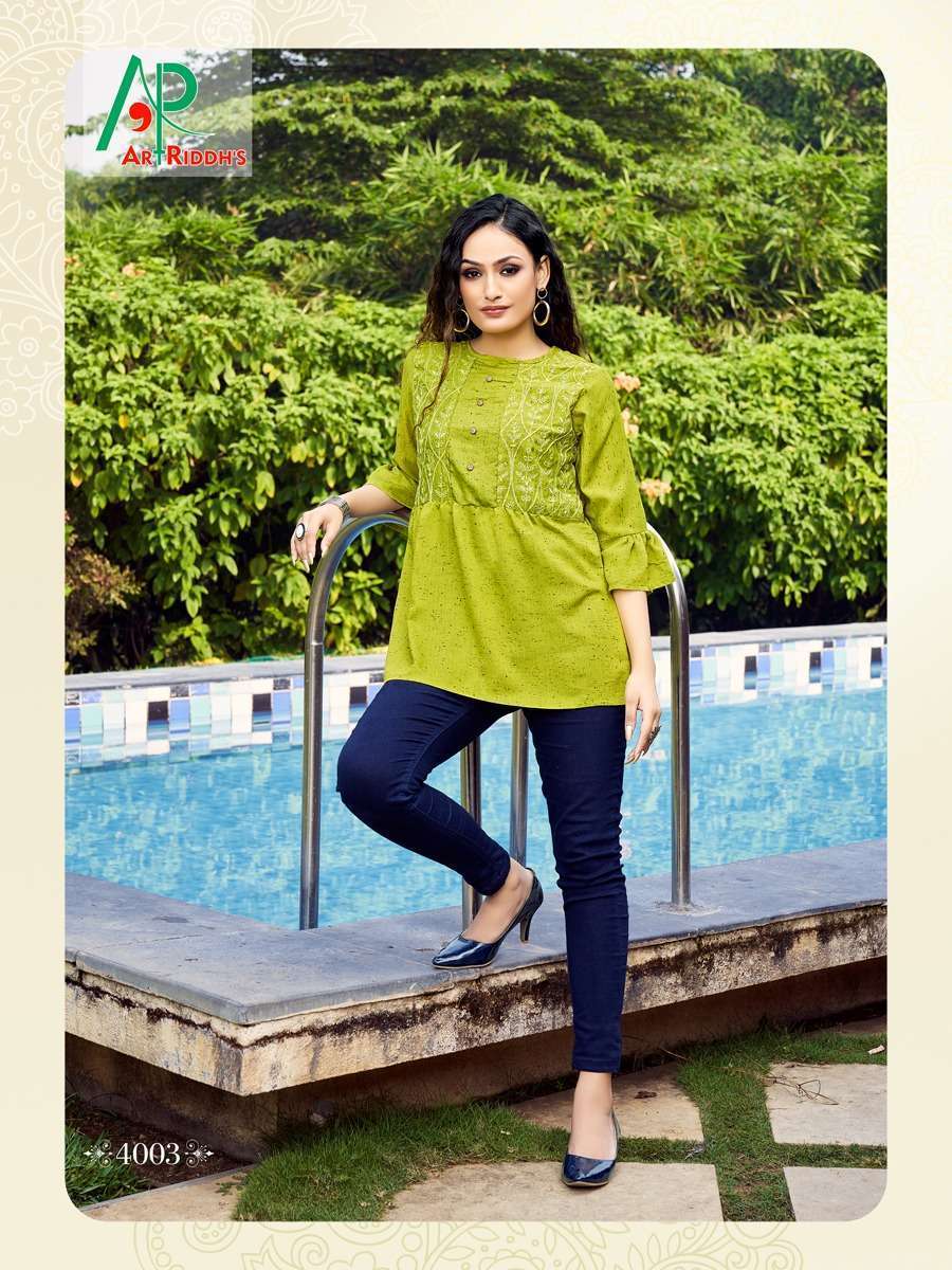 ART RIDDHS PRESENTS SHRUSTI VOL 4 RAYON LAKHNOWI EMBROIDERY WHOLESALE WESTERN TOPS