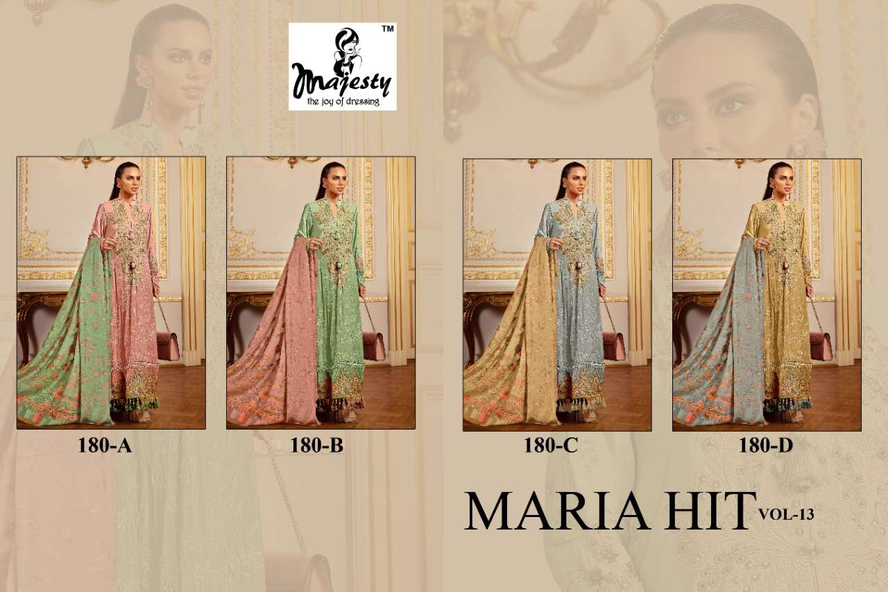 MAJESTY PRESENTS MARIA 13 JAAM COTTON HEAVY EMBROIDERY WHOLESALE PAKISTANI SUITS