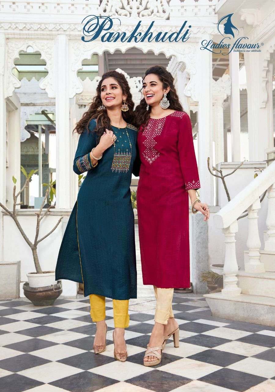 LADIES FLAVOUR PRESENTS PANKHUDI PURE VISCOSE EMBROIDERY WHOLESALE KURTI