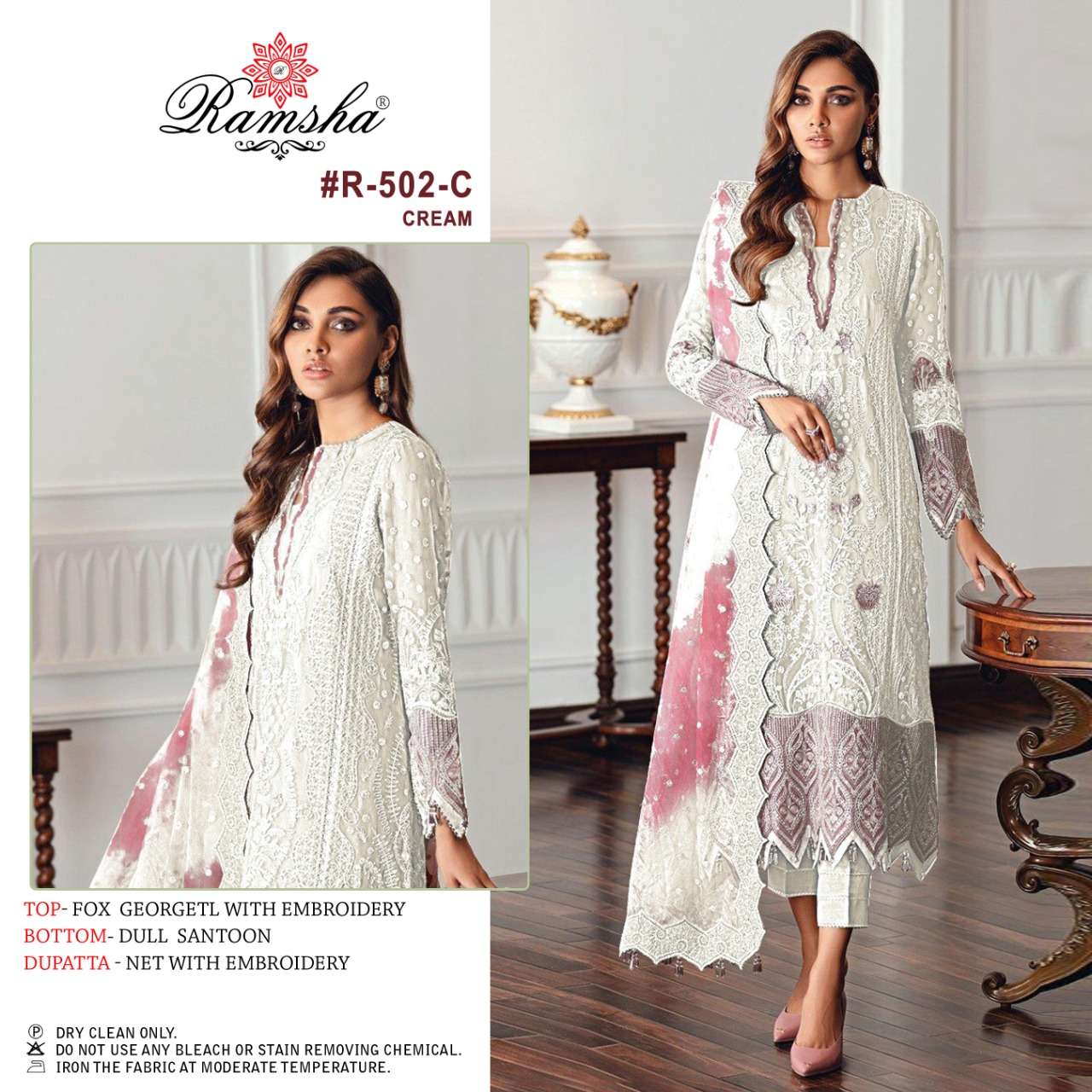 RAMSHA PRESENTS R 502 GEORGETTE WITH HEAVY EMBROIDERY WHOLESALE PAKISTANI SUIT