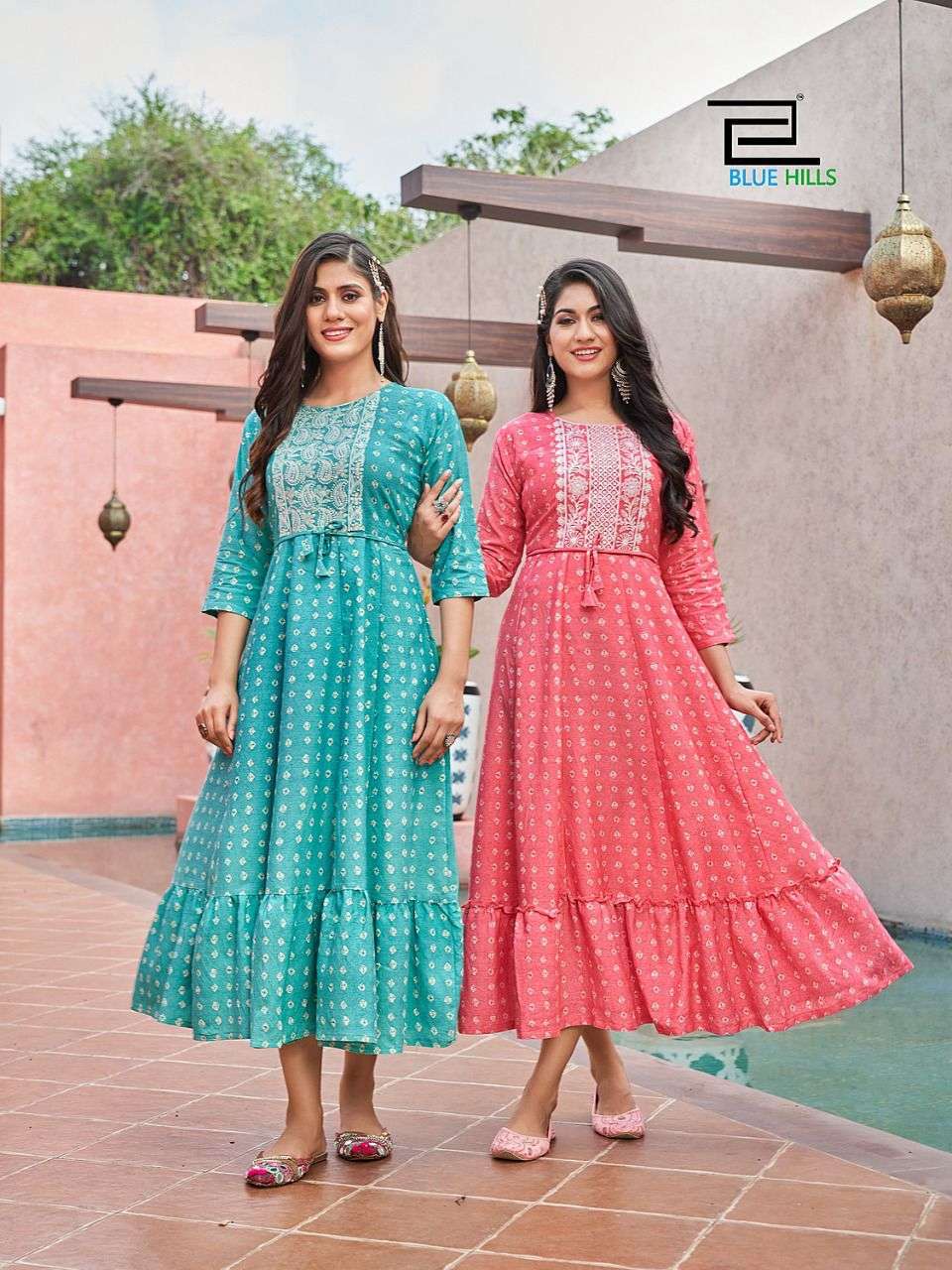 chinon Printed Ladies Party Wear Long Gowns, Blue at Rs 499 in Surat