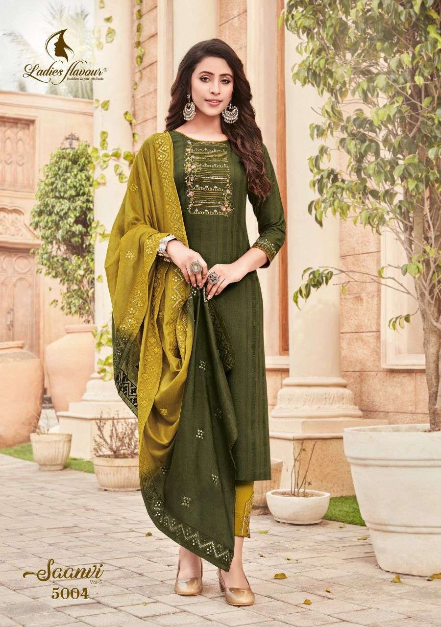 LADIES FLAVOUR PRESENTS SAANVI VOL 5 PURE RAYON EMBROIDERY WHOLESALE READYMADE COLLECTION