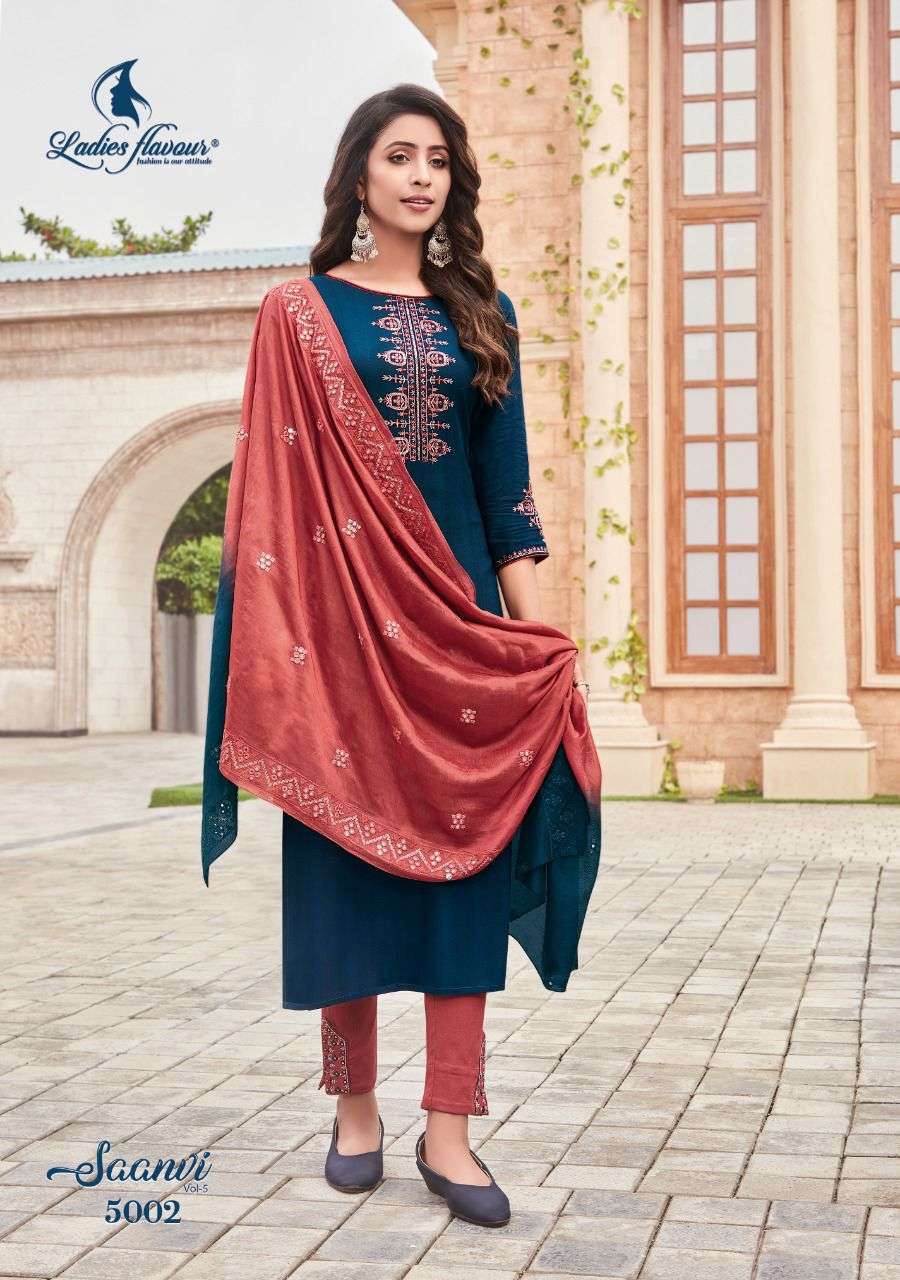 LADIES FLAVOUR PRESENTS SAANVI VOL 5 PURE RAYON EMBROIDERY WHOLESALE READYMADE COLLECTION