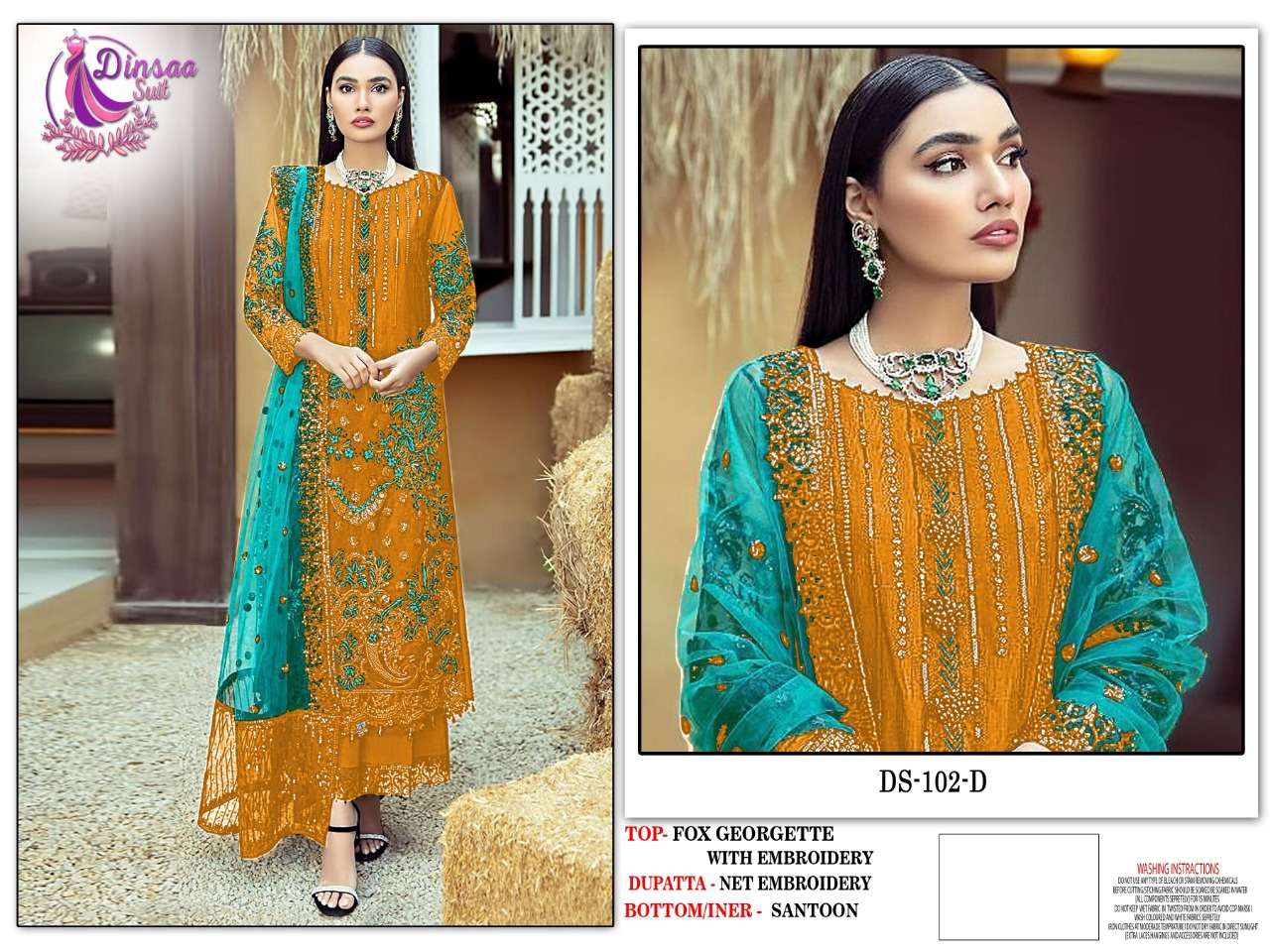 DINSAA SUITS PRESENTS 102 ABCD FOX GEORGETTE EMBROIDERY WHOLESALE PAKISTANI SUIT