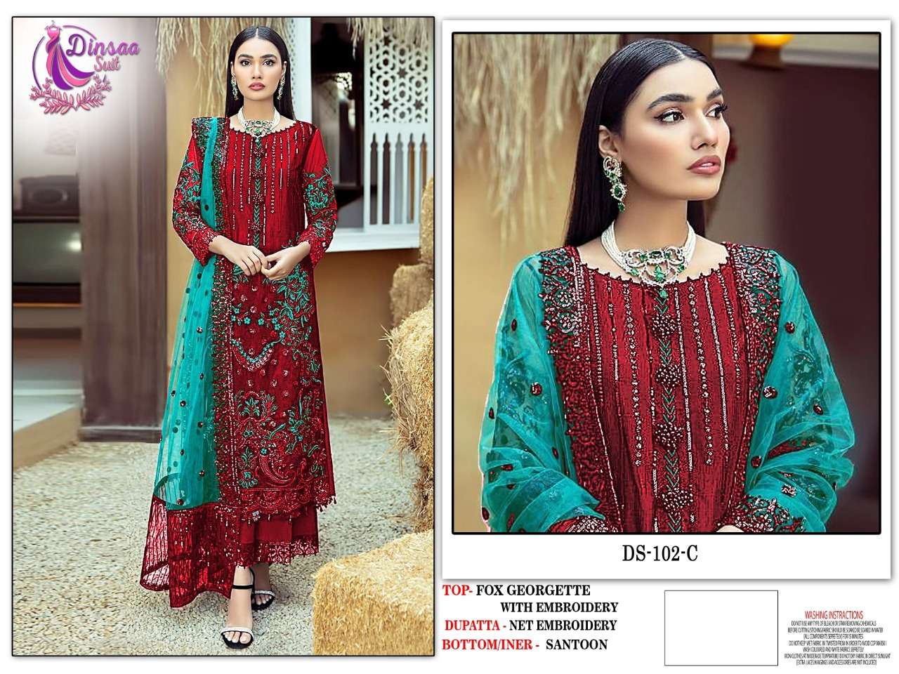 DINSAA SUITS PRESENTS 102 ABCD FOX GEORGETTE EMBROIDERY WHOLESALE PAKISTANI SUIT