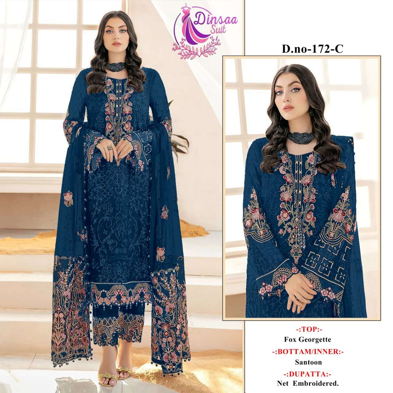 DINSAA SUITS PRESENTS 172 GEORGETTE WITH EMBROIDERY WHOLESALE PAKISATANI SUIT