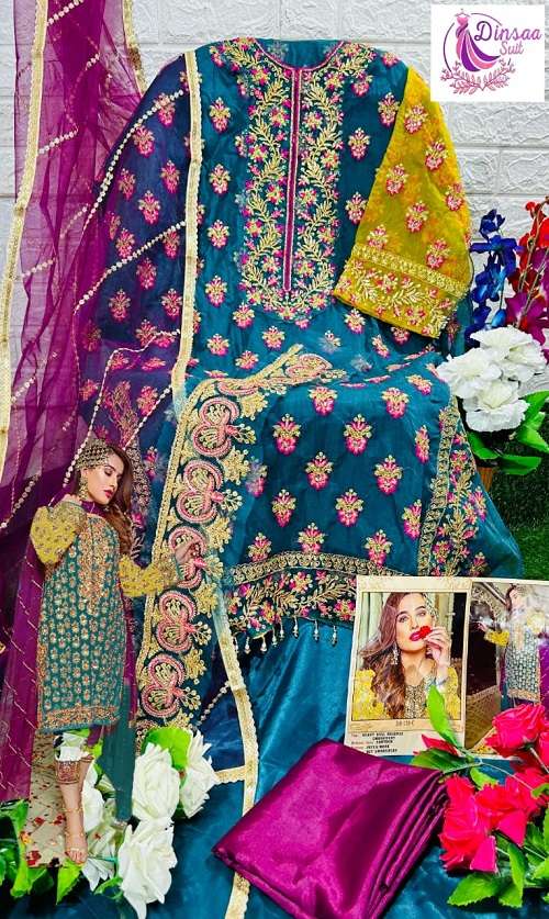 DINSAA SUITS PRESENTS 173 COLOURS ORGANZA HEAVY EMBROIDERY WHOLESALE PAKISTANI SUITS