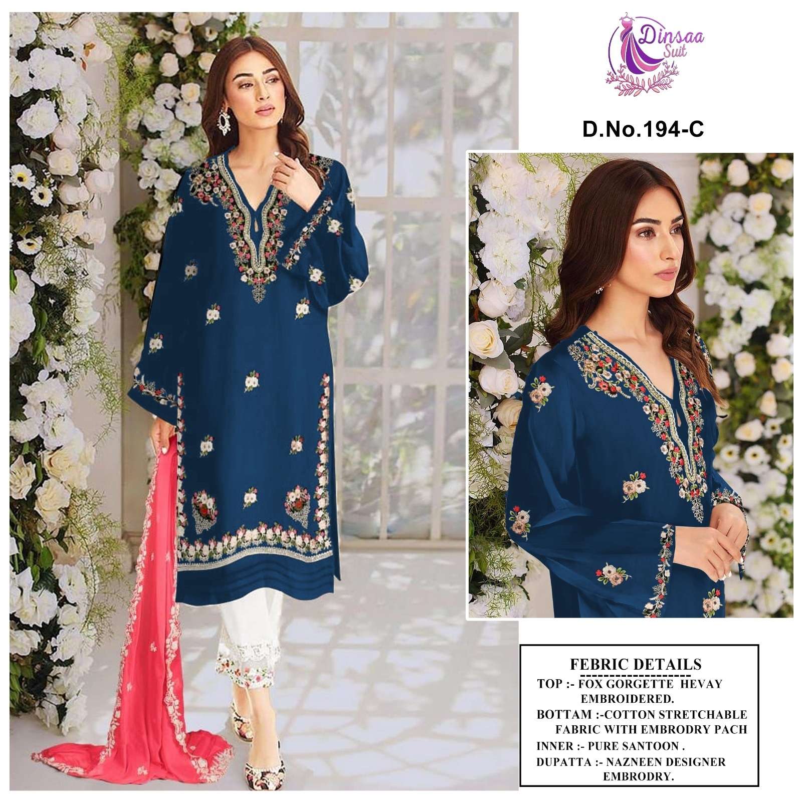 DINSAA SUITS PRESENTS 194 A TO D HEAVY GEORGETTE WITH EMBROIDERY WHOLESALE PAKISTANI SUIT