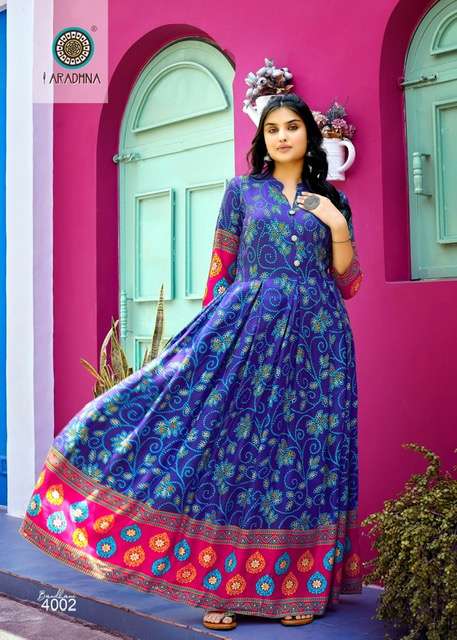 ARADHNA PRESENTS BANDHANI VOL 4 RAYON WITH PRINT WITH EMBROIDERY WHOLESALE GOWN