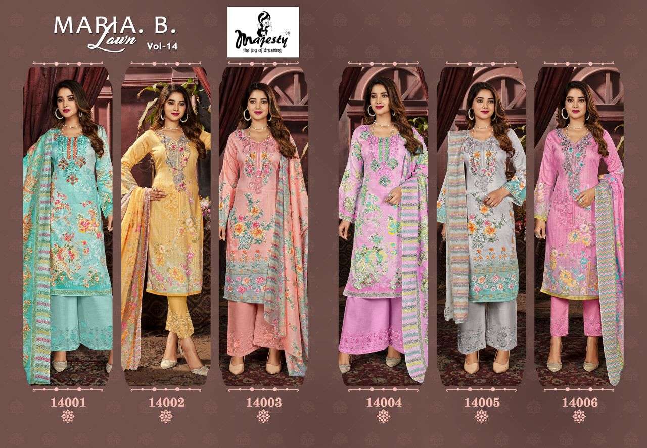 MAJESTY PRESENTS MARIA B LAWN VOL 14 JAAM COTTON WITH EMBROIDERY WHOLESALE PAKISTANI SUITS