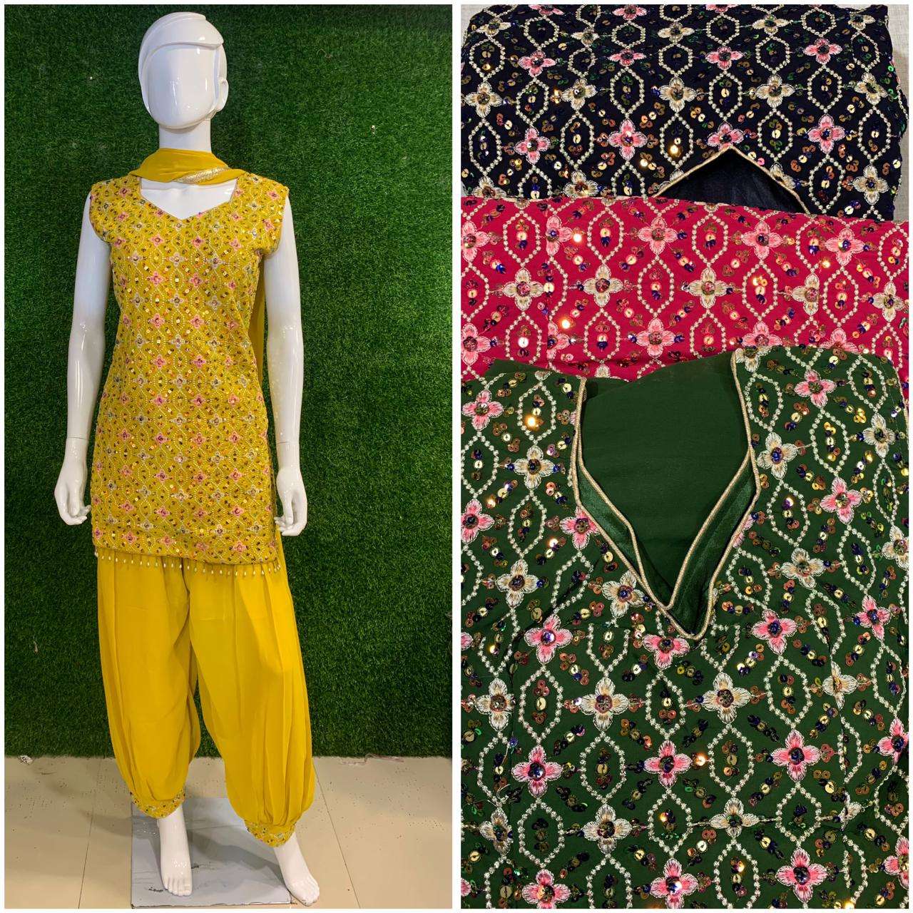 BEMITEX INDIA PRESENTS GEORGETTE FABRIC MIRROR WORK BASED DHOTI PANT STYLE HEAVY 3 PIECE OFFER RATE COLLECTION WHOLESALE SHOP IN SURAT
